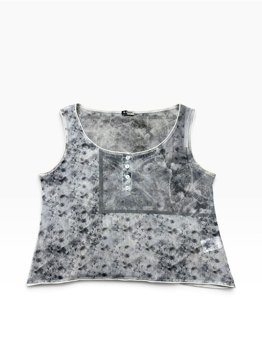 VTG Y2K Black Gray Mesh Tank Top Floral Abstract Pattern Size M